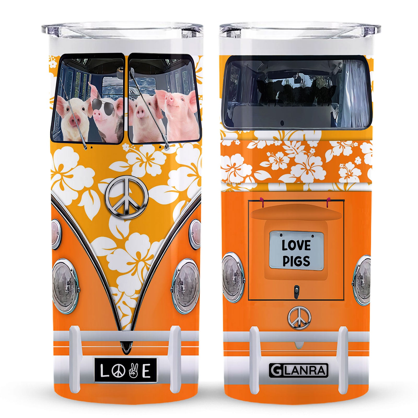 Love Pigs Skinny Tumbler, Pig Hippie Tumbler, Van Hippie Glitter Water Bottle, Farm Pig Stainless Steel Tumbler, Metal, Insulated