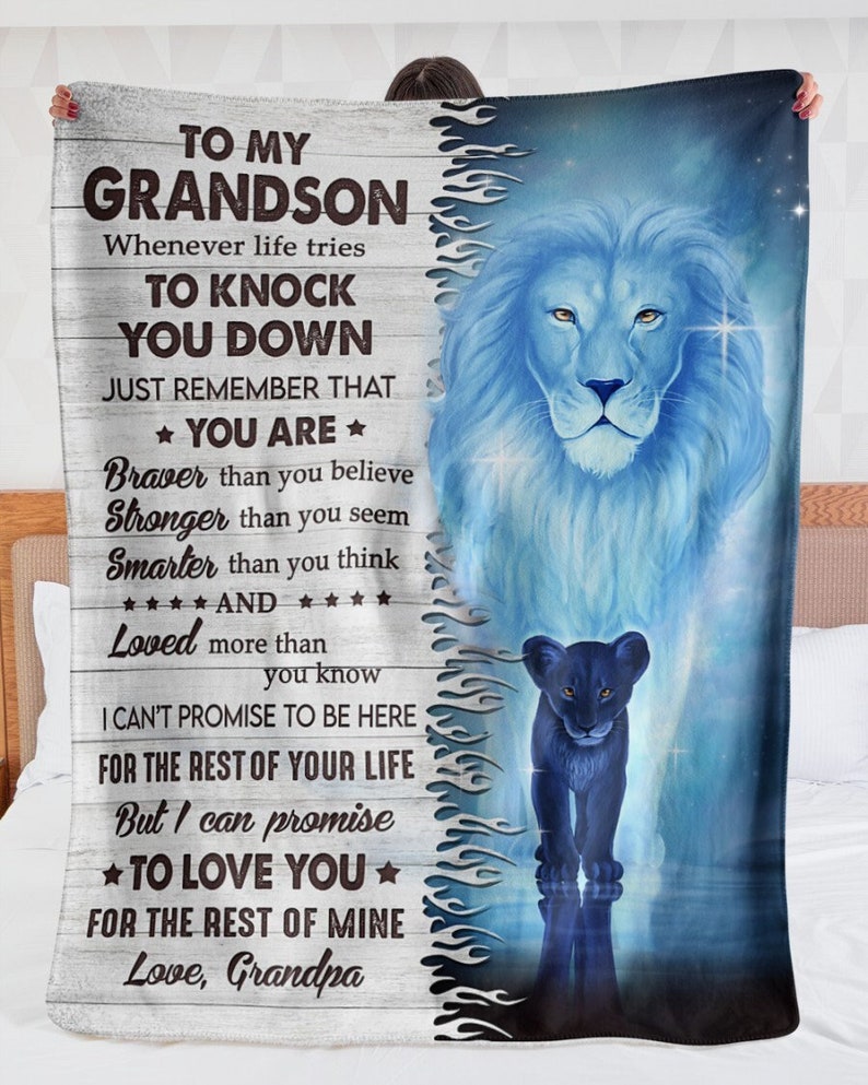 Lion Blanket To My Grandson Blanket From Grandpa Whenever Life Tries Knock Down –  Gift For Grandson, Birthday Graduation Christmas Gift, To Grandson