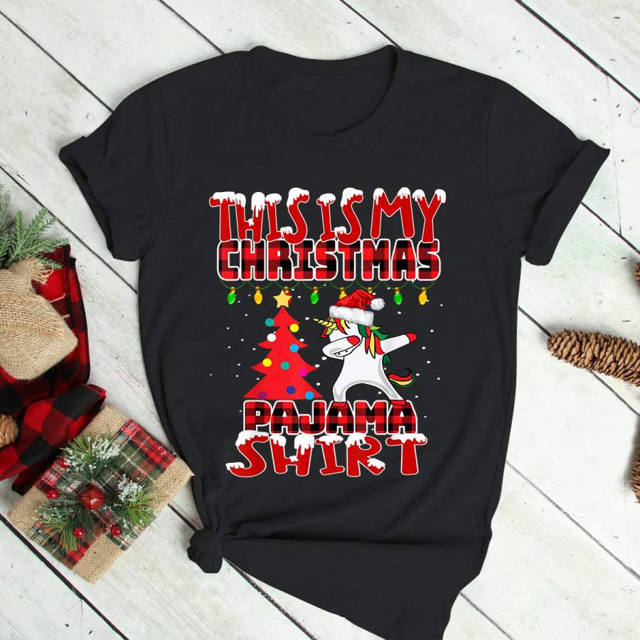 Buffalo plaid Christmas Unicorn dabbing tree matching family T-Shirt