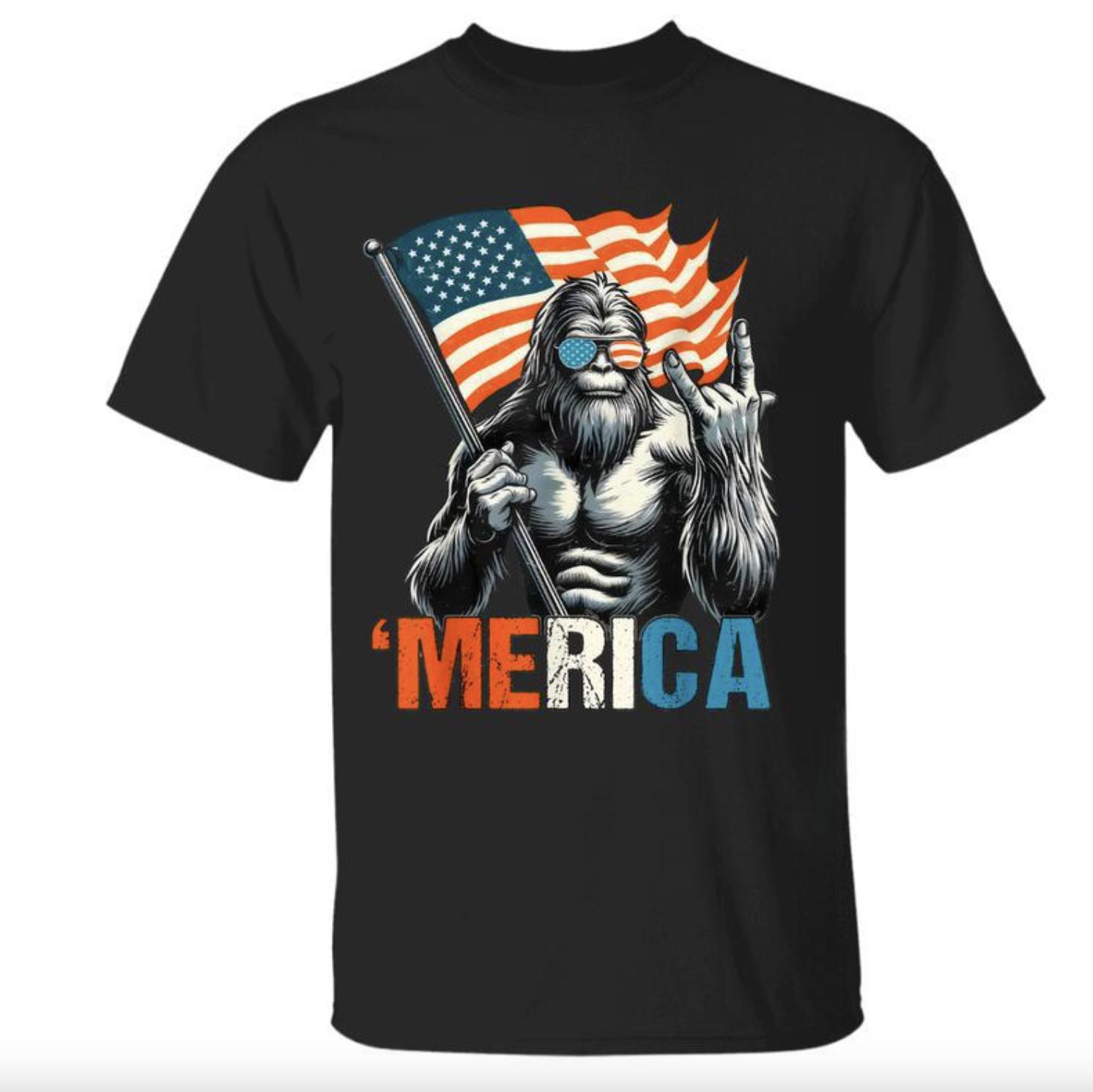 Bigfoot Merica Rock American Flag Patriotic 4th Of July T-Shirt, Independence Day Gifts, Patriotic Shirt Casual Cotton Top Gifts For Men And Women