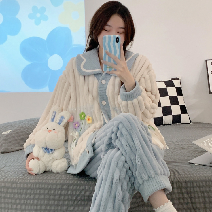 Women’s Pajamas Set Winter Leisure Elastic Thicken Warm Flannel Sleepwear Set Embroider Women Long Sleeve Girl Homewear Clothes alx