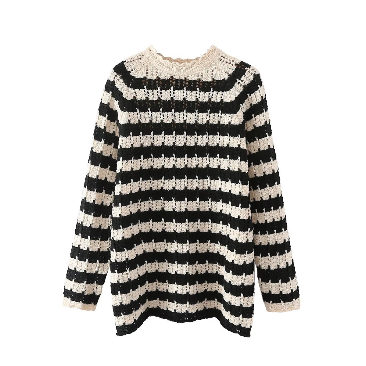 Women Fashion Striped Jacquard Sweater Round Neck Long Sleeves Knitwear Chic Lady Vintage Knit Pullover Top Fall Winter Jersey alx