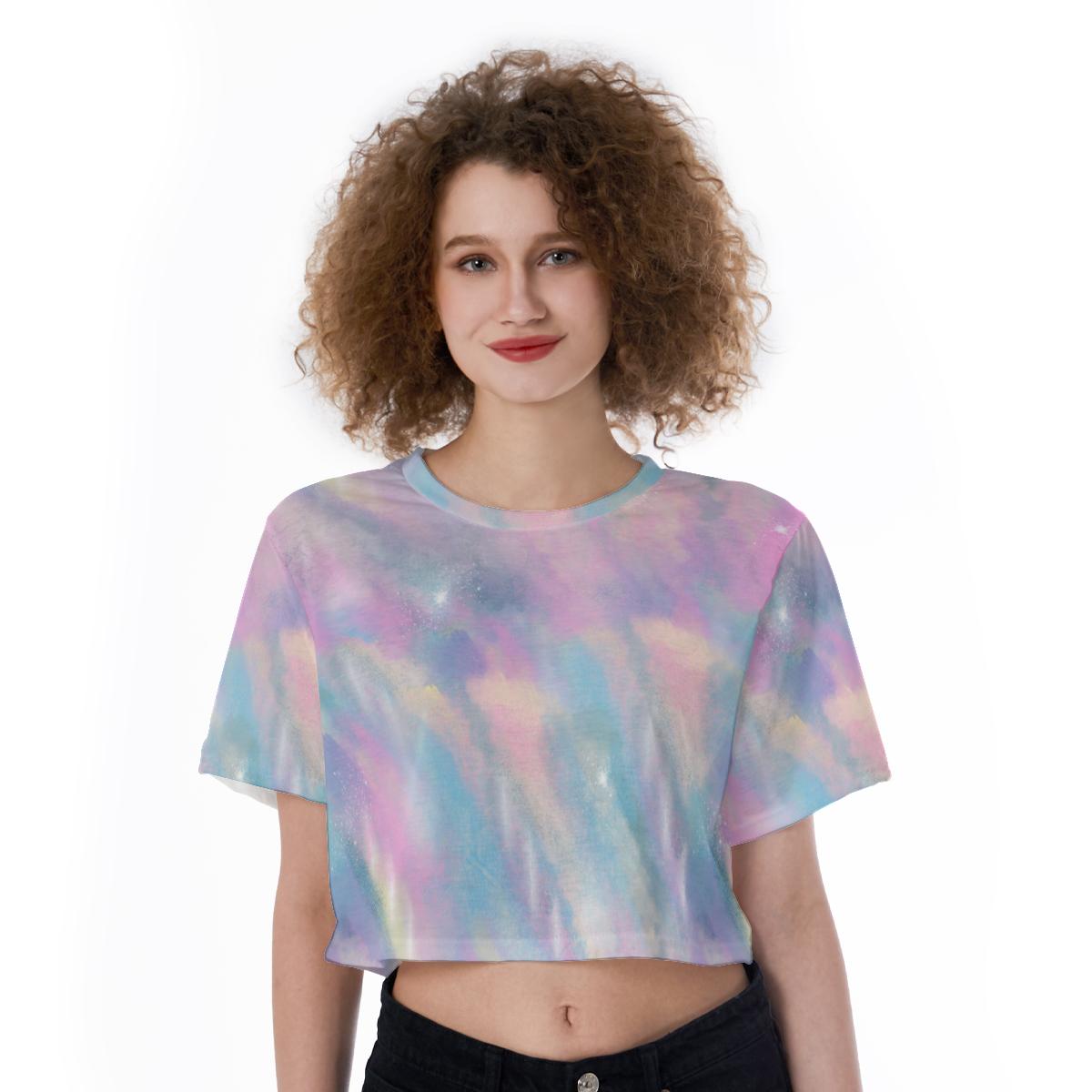 Watercolor Paint Pink Blue Cotton Candy Mix Abstract Art Print Cropped T-Shirt