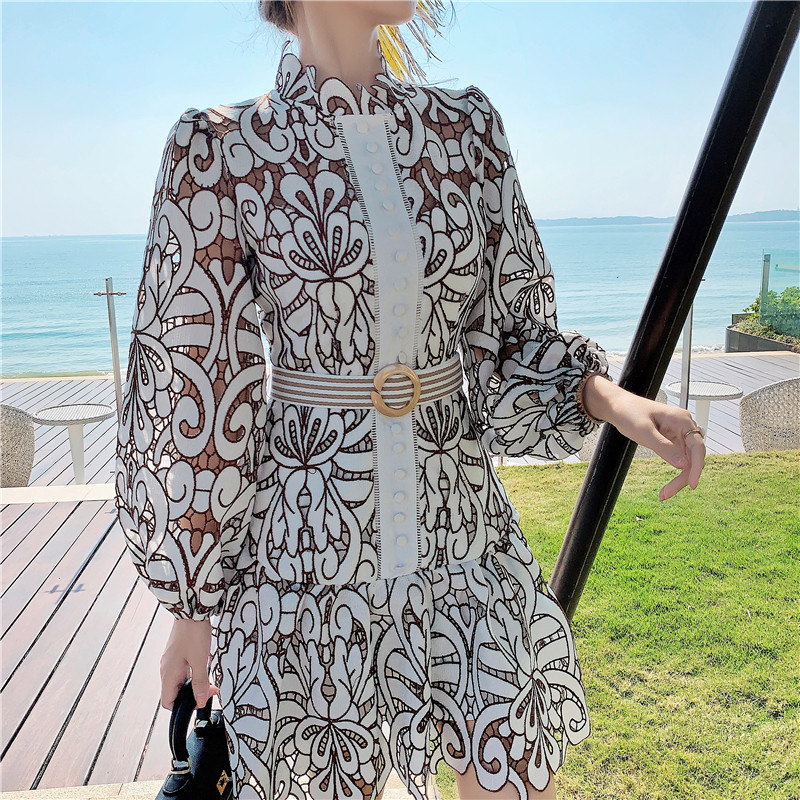 Vintage Hollow Out Lace Floral Embroidery Dress Summer Autumn Women Long Lantern Sleeve Sashes Short Dresses Runway Vestidos alx