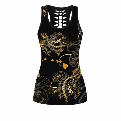 Amazing Polynesian Hawaii Turtle Golden Tattoo Deluxe Sea Turtle Hollow Tanktop And Legging For Turtle Lovers, Gift For Her Gift For Turtle Lover Friend Tanktop And Legging, Animal Lovers