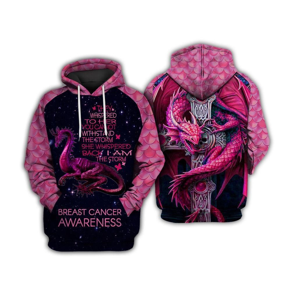 Breast Cancer Shirt Dragon They Whispered You Can’T Withstand The Storm Pink Galaxy Hoodie For Women