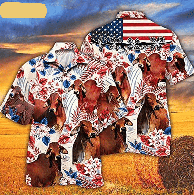 Of July Floral Tropical Red Cow American Flag Hawaii Shirt Ha20642