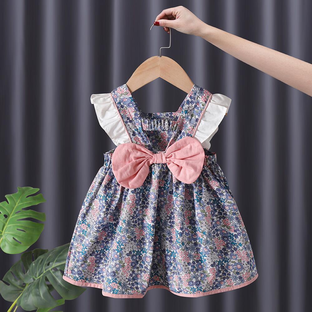 2022 Summer New Bow Lace Fly Sleeve Floral Dress girls cotton dress Princess dress girls clothes skirt girls clothes dress alx