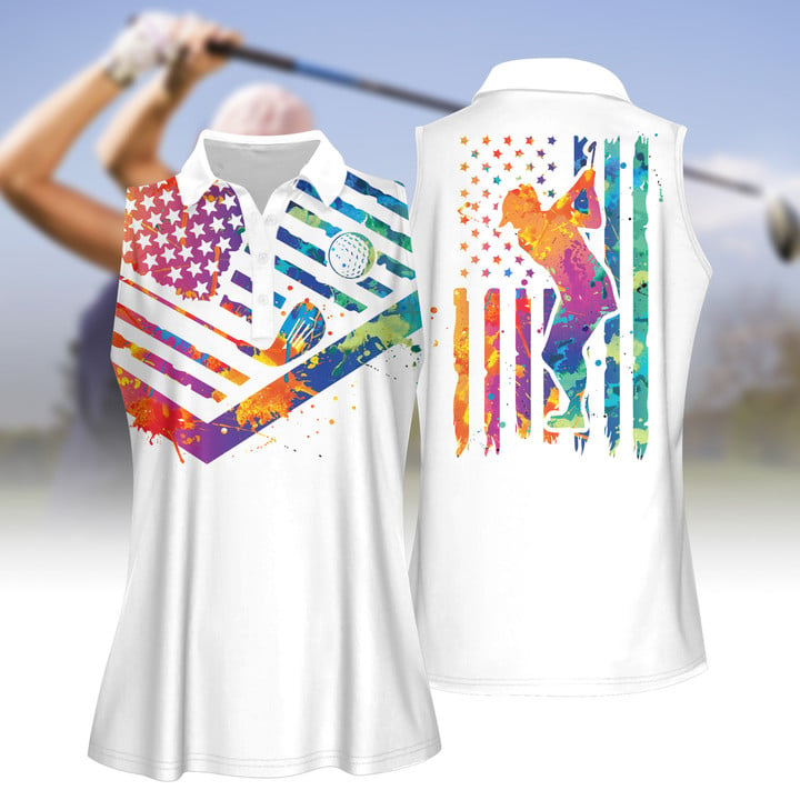 Watercolor America Flag With Silhouette Women Sleeveless Polo Shirt, Golf Shirt For Her