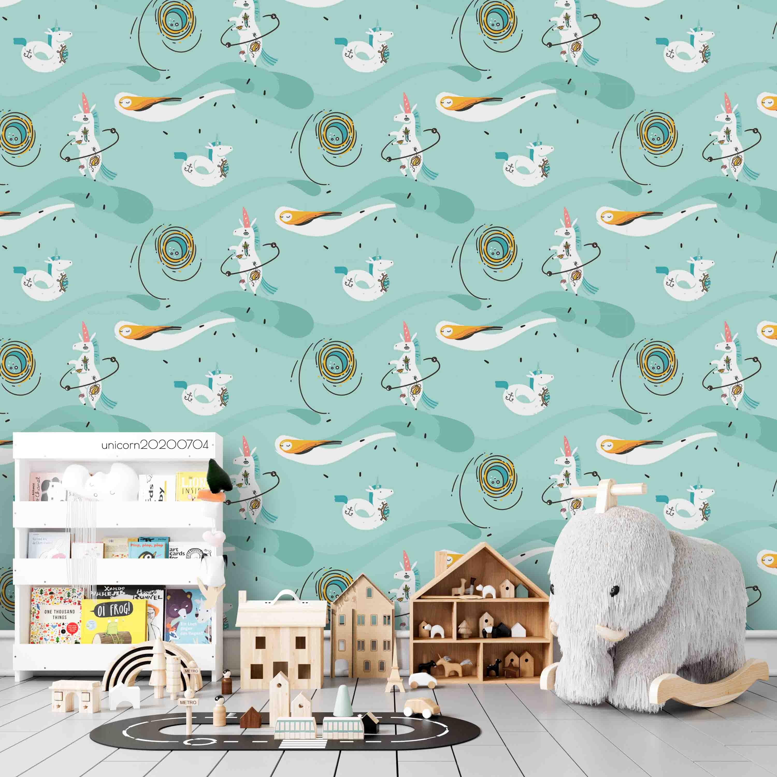 3D Cartoon Circus Unicorn Blue Wall Mural Wallpaper Lxl 245