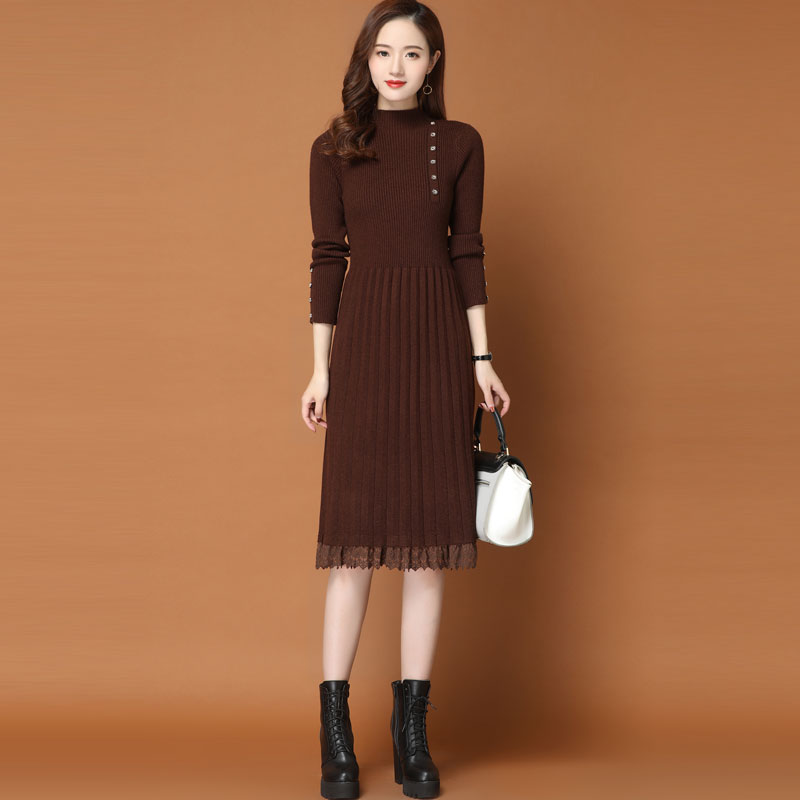 #1003 Spring Autumn Sweater Dress Women Spliced Lace Midi Dress Ladies Slim Turtleneck Pleated Knitted Dresses Women Buttons alx