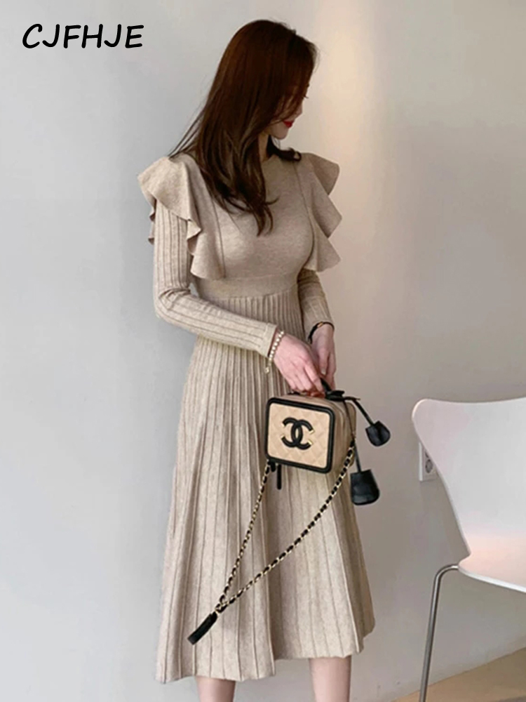 Women Sweater Dresses Vestidos Autumn 2022 Winter Vintage Elegant O-Neck Female Thicken Knit Long Dress Slim Full Sleeve Ruffles alx