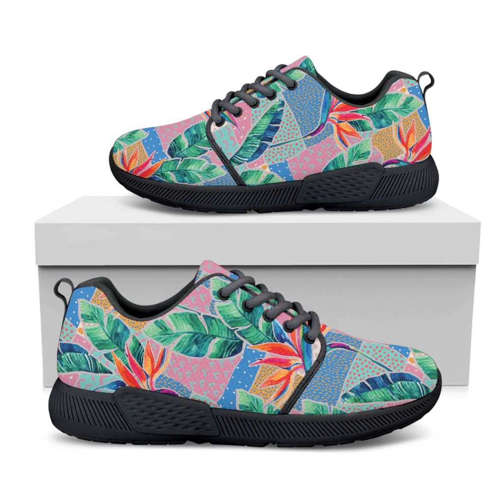 Watercolor Tropical Patchwork Print Black Athletic Shoes