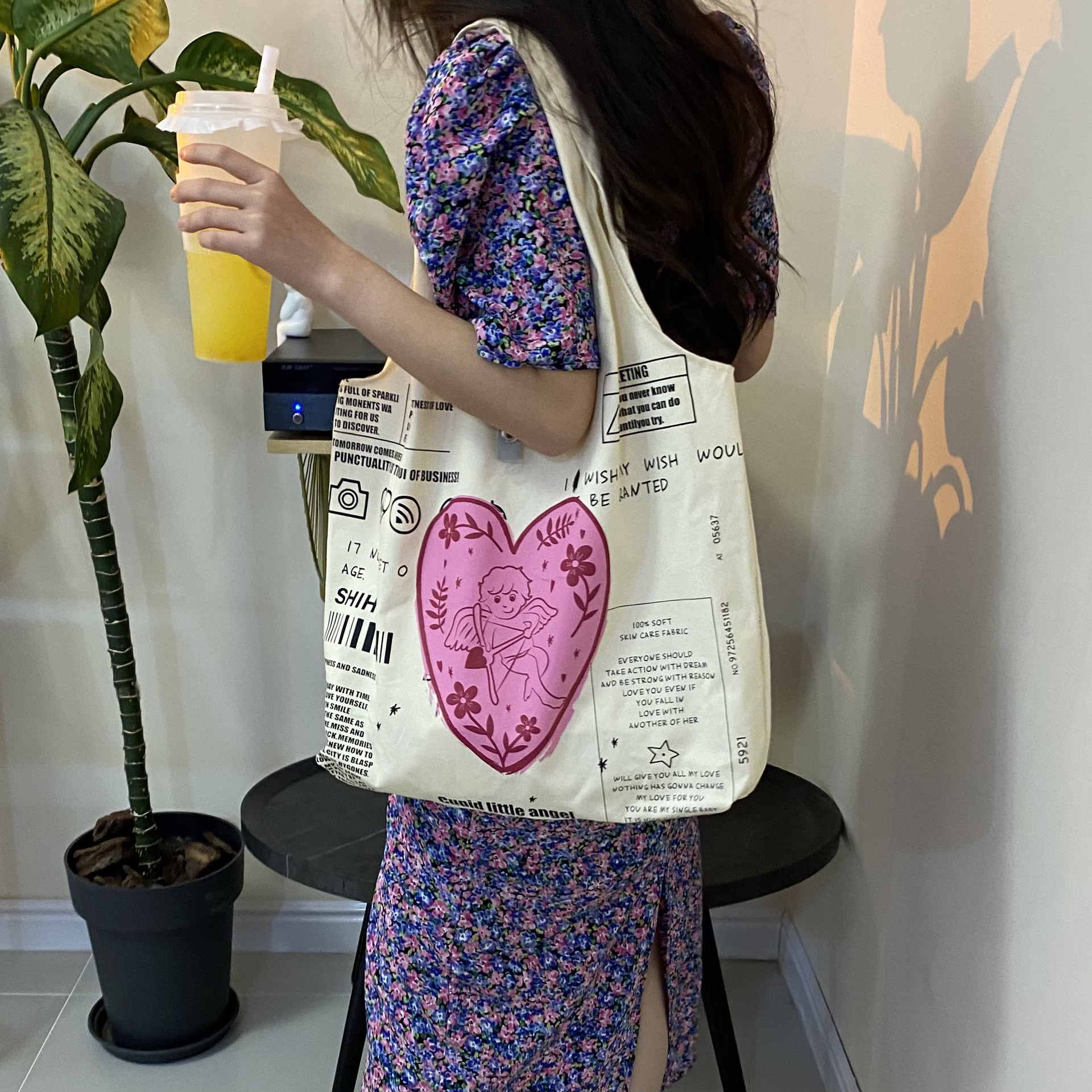 Cupid Women Canvas Shoulder Bags Girls Cotton Cloth Shopping Bag Eco Handbag Student Books Bag Ladies Big Grocery Shopper Tote alx