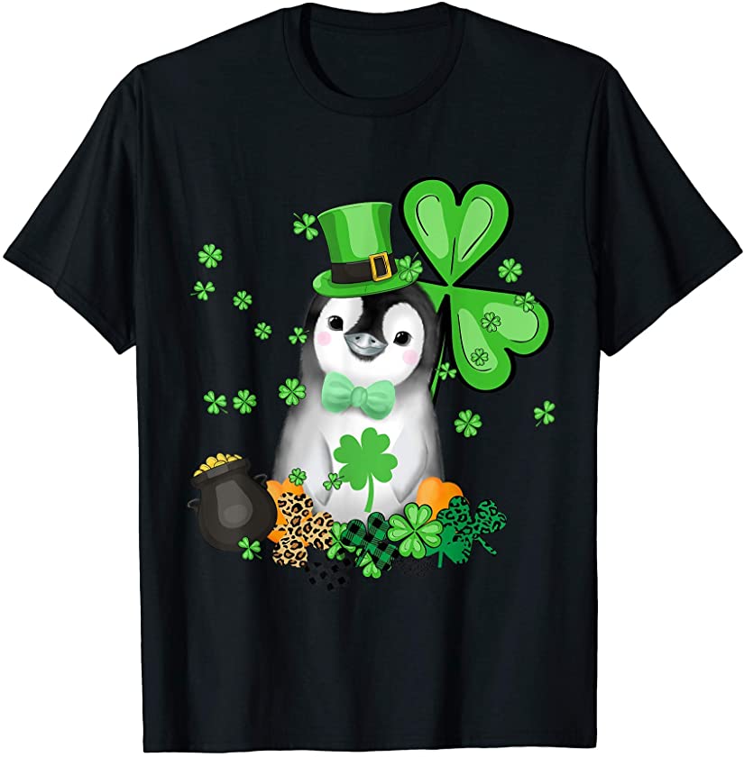 St. Patrick’s Day Penguin Green Buffalo Plaid Shamrock T-Shirt