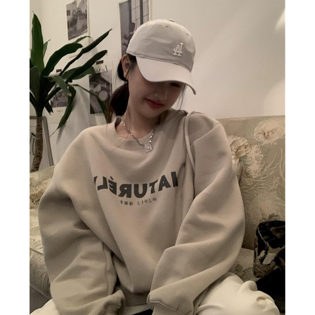 Women Khaki Sweatshirt Letter Print Crew Neck Korean Fashion Lazy Wind Baggy Fleece Thicken Long Sleeves Pullover Tops Winter alx