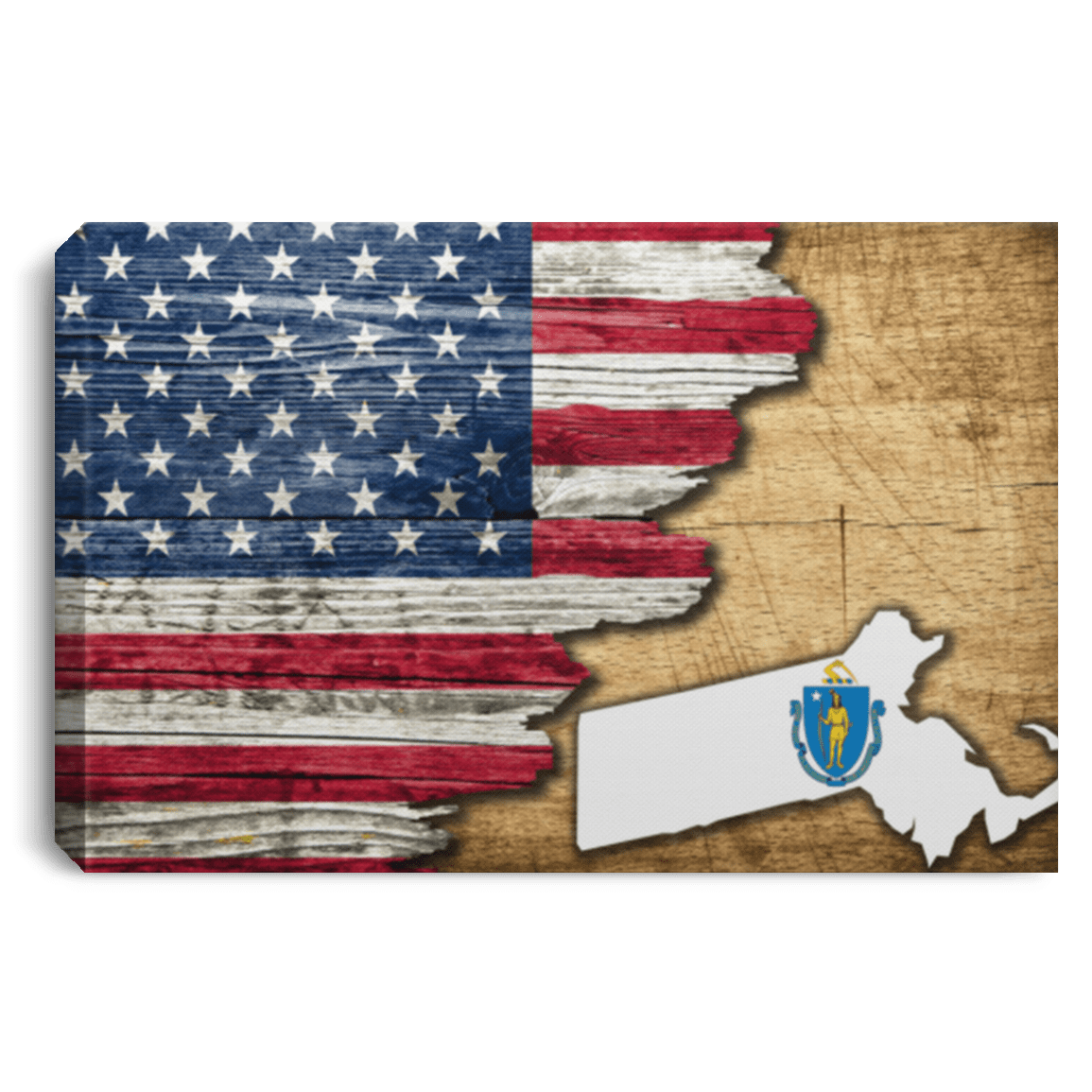 United States/Matssachusetts Flag Ripped Effect 24X16 Inches  Landscape Canvas .75In Frame