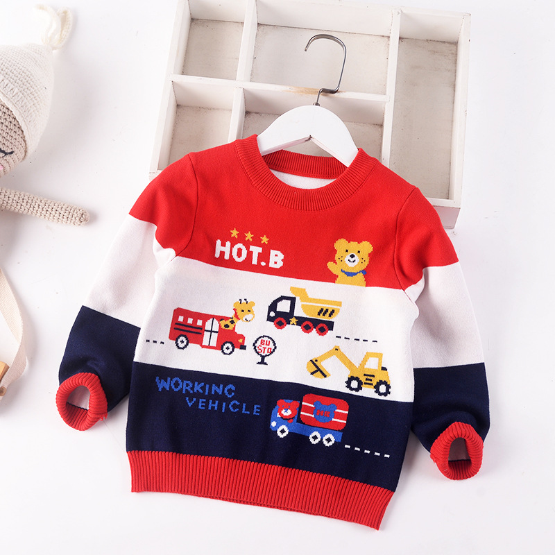 2022 Autumn Winter Children Cartoon Knitted Sweaters Kid Baby Boy Double-knit Sweater Jumper Cotton Toddler Clothes 2-7y Spliced alx