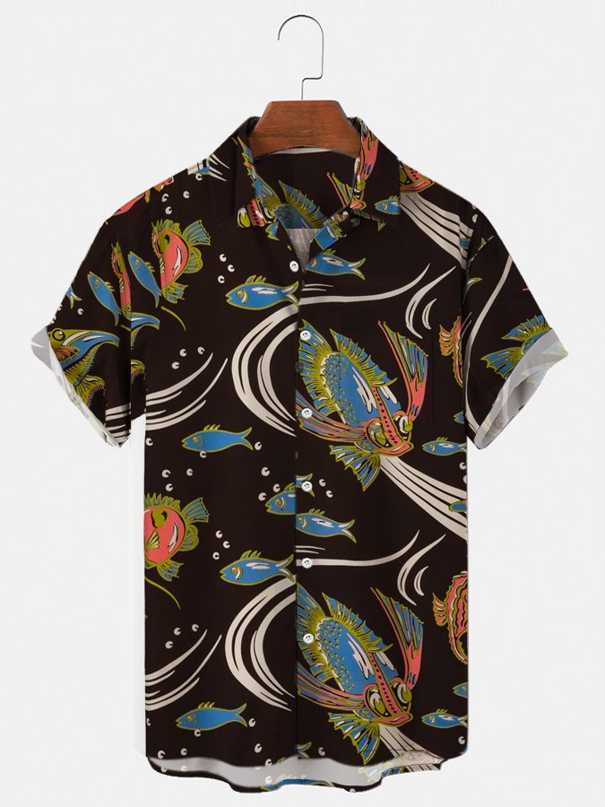 Mens Hawaii Shirt Fish Casual Aloha Beach Black Plant Shirts Ha49103