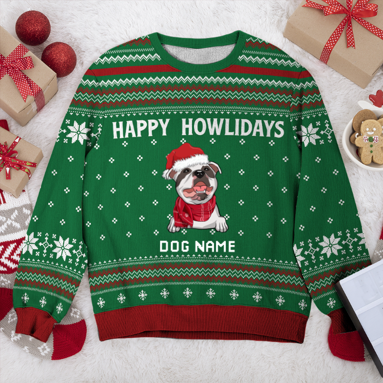 Staffordshire Bull Terrier Happy Howlidays Personalized Sweater, Dog Ugly Christmas Sweater