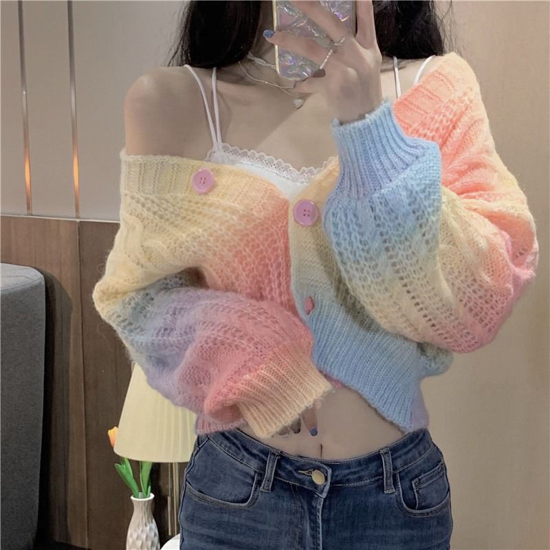 Tie Dye Panelled Cardigan Women Autumn Cropped Sweater Thermal Knitted Outerwear Ladies Harajuku Chic Jumpers Tender Female Tops alx