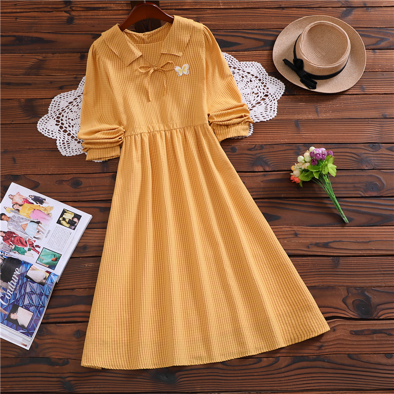 Spring new cute sweet vintage dress japan style long sleeve mori girl casual yellow vestidos alx