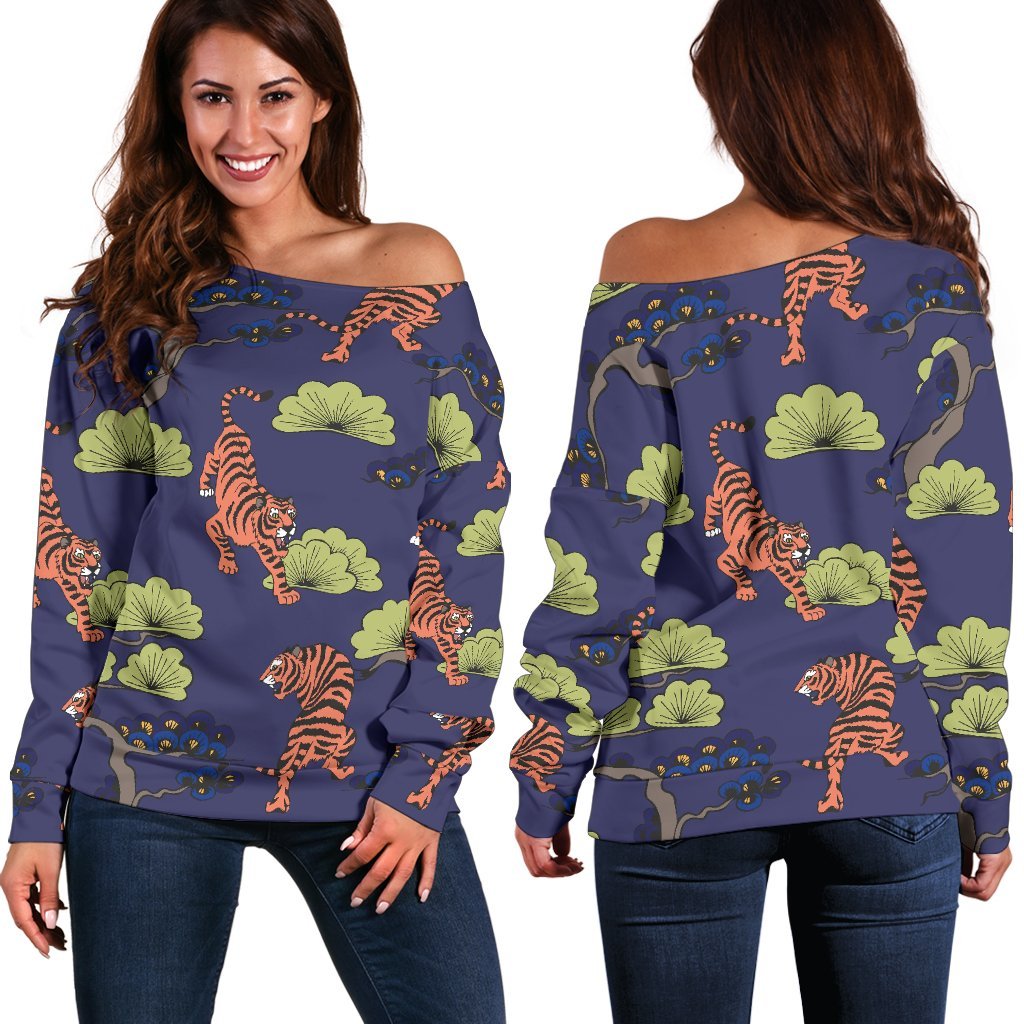 Tiger Pattern Japan Style Off Shoulder Sweatshirt