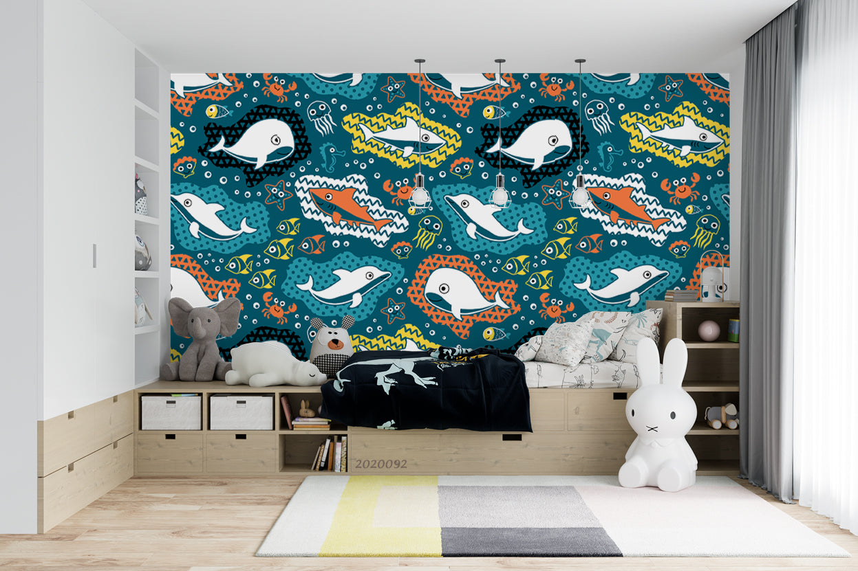 3D Cartoon Pattern Marine Animals Wall Mural Wallpaper Wj 3177