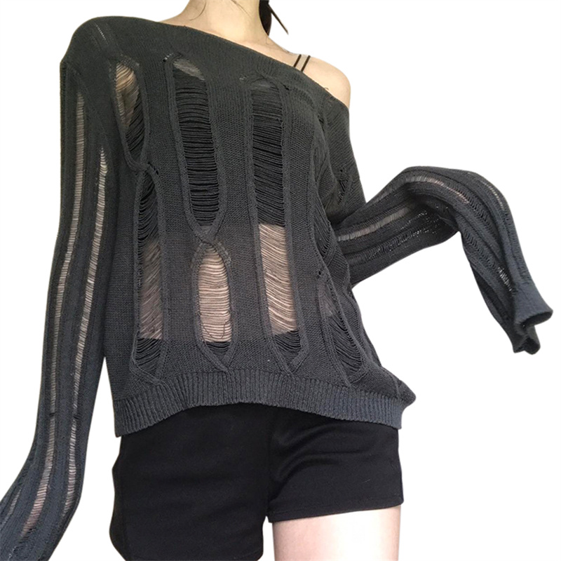 Women Hollow Out Knitwear Tops Autumn Spring Solid Vintage Streetwear Long Sleeve Off Shoulder Crochet Pullovers Tops Gray Brown alx