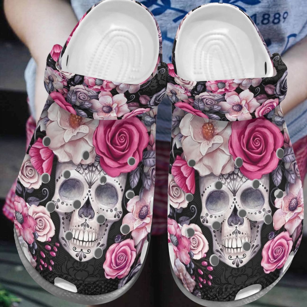 Skull Personalized Clog, Custom Name, Text, Color, Number Fashion Style For Women, Men, Kid, Print 3D Skull Pink Flowers