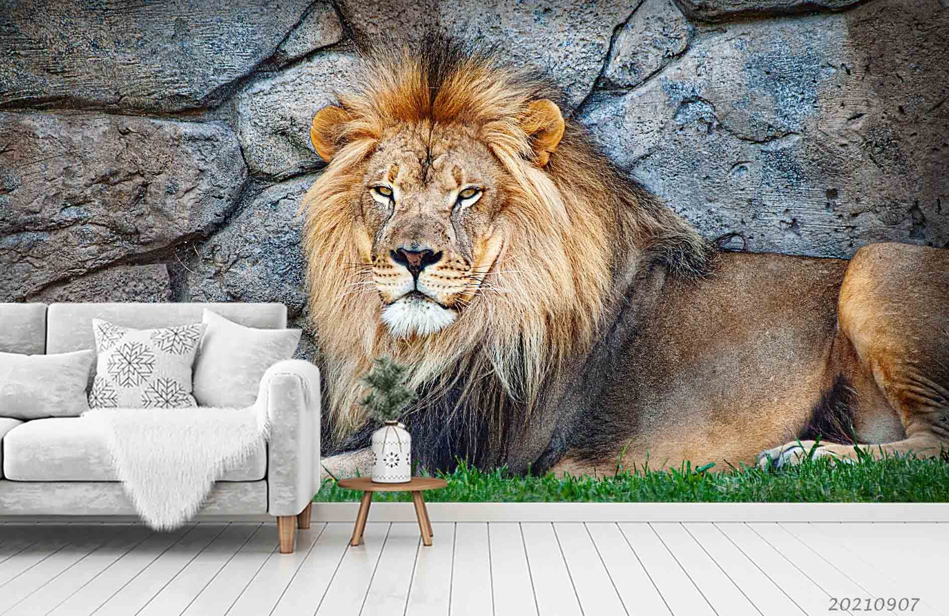 3D Stone Wall Texture Animal Lion Wall Mural Wallpaper Lqh 131