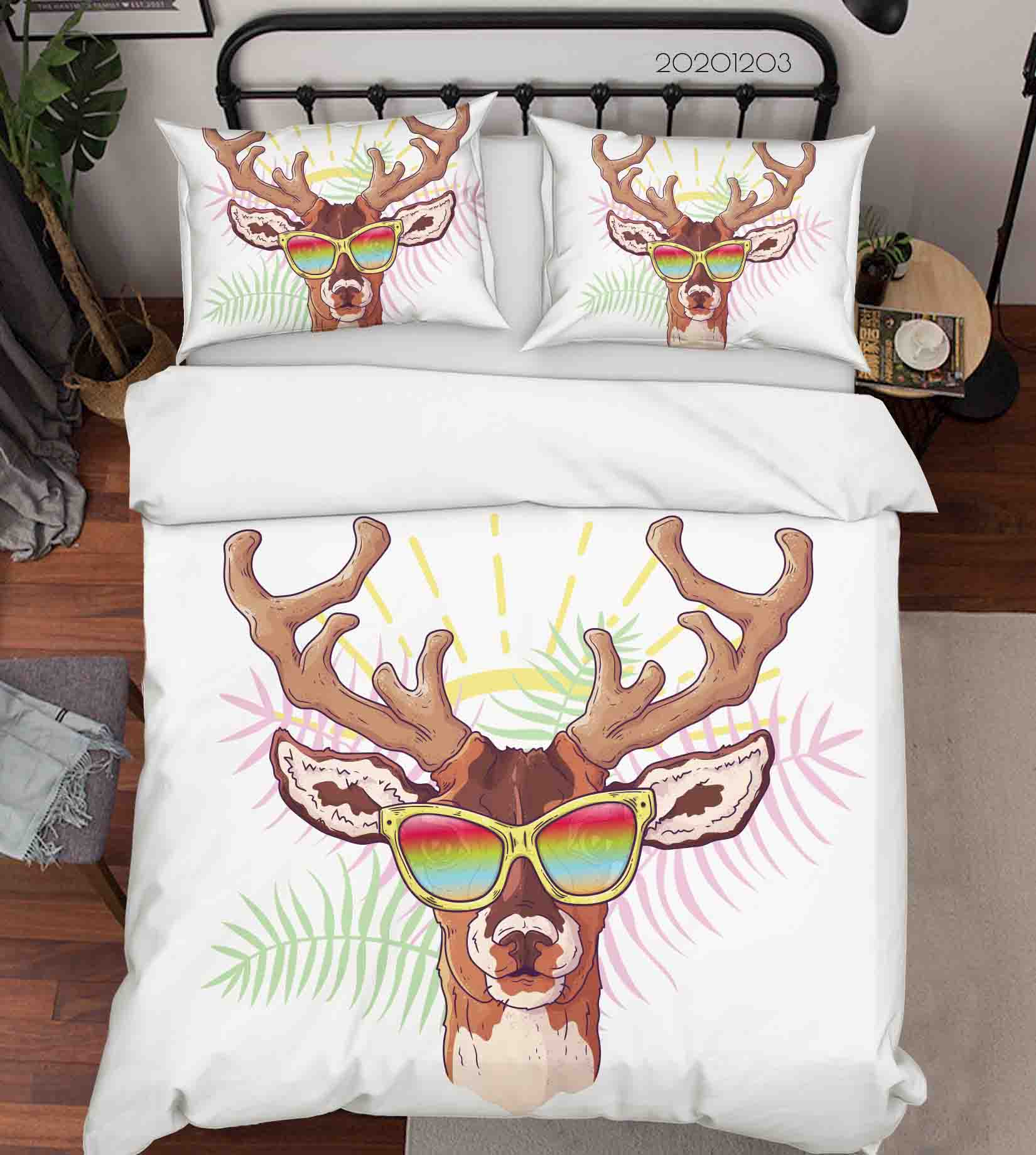 3D Hand Drawn Cartoon Glasses Buck Animal Plant Quilt Cover Set Bedding Set Duvet Cover Pillowcases Lxl