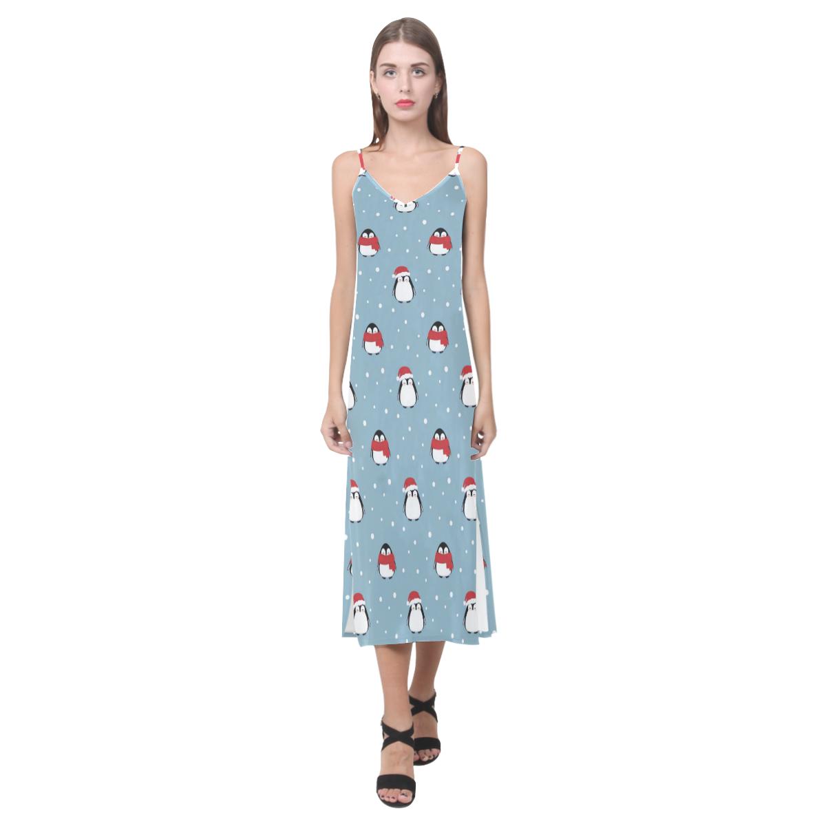 Cute penguin christmas snow pattern V-Neck Open Fork Long Dress