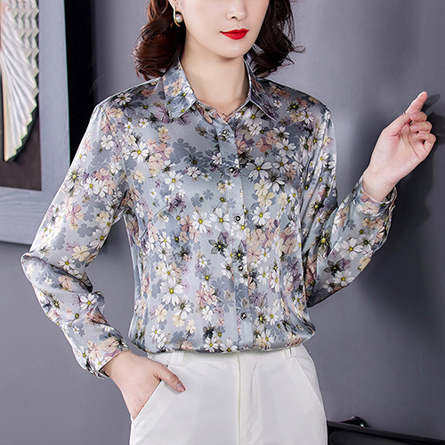 2022 Spring Vintage Florla Natural Silk Satin Tops and Blouses Casual New Office Lady Print Shirt Elegant Bodycon Blouses alx