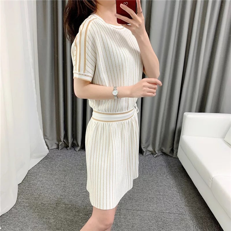 ZALady design casual o-neck mini dresses for women traf elegant summer short sleeve drawstring knitted sweater stripe robe femme alx