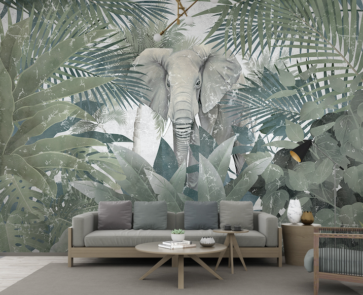 3D Watercolor Green Leaf Elephant Wall Mural Wallpaper Yq 0043