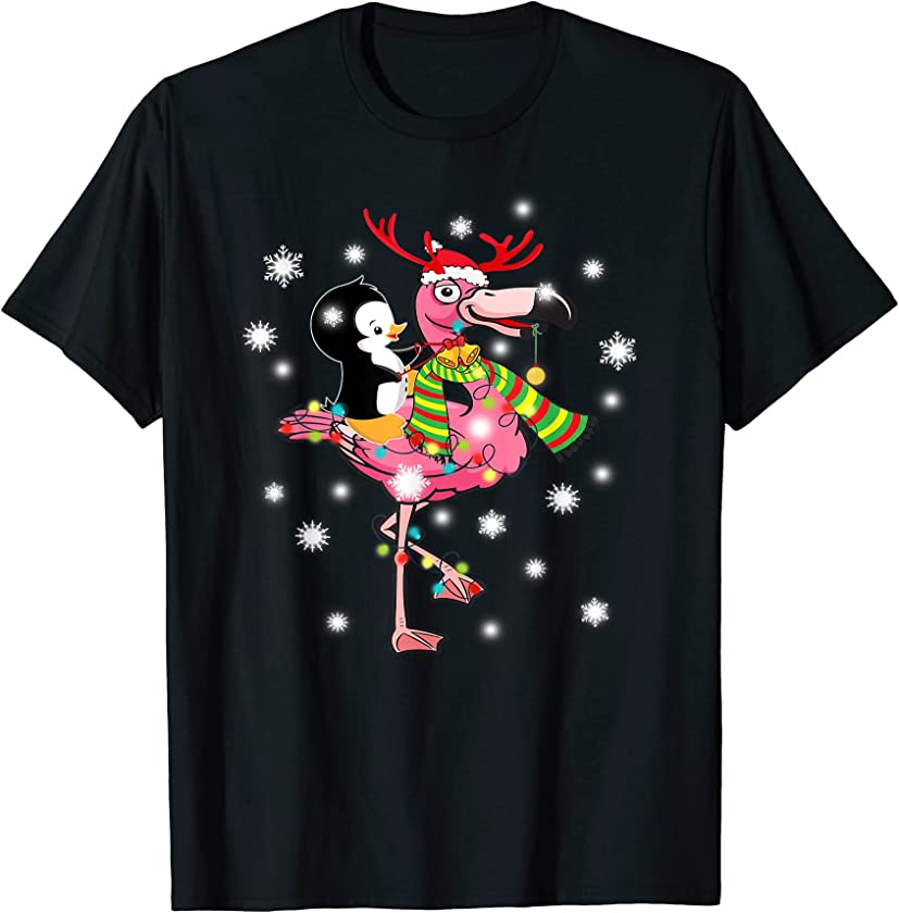 Funny Penguin Riding Flamingo Cute Christmas For Kids Girls T-Shirt