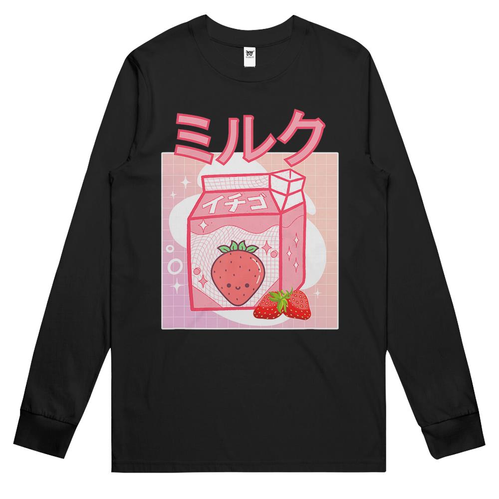 Cute Pink Strawberry Milk Japanese Kawaii Retro 90S Anime Long Sleeve T Shirts