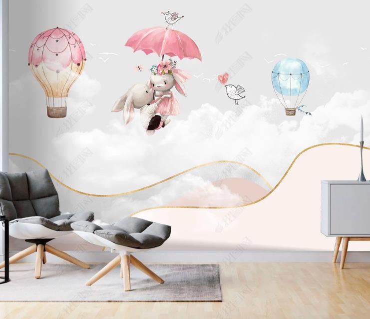 3D Northern Europe Hand-Painted Cartoon  Rabbit Hot Air Balloon Wall Mural Wallpaper Sww1582