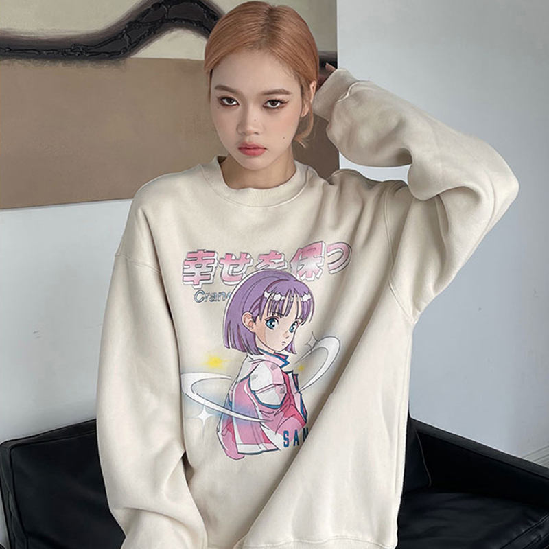 Anime Sweatshirt Autumn/Winter Women Loose O-Neck Long Sleeve Japanese Harajuku Pullover Hip Hop Cartoon Top alx