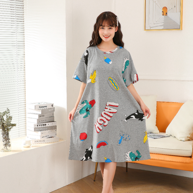 Summer Women’s Nightgowns Short Sleeve 100% Cotton Dress Loose Cute Cartoon Sleepwear alx