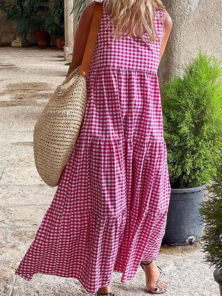 ZANZEA Elegant Sleeveless Vestido Women Holiday V Neck Dress Bohemian Sundress 2022 Summer Plaid Check Robe Beach Ruffle Dresses alx