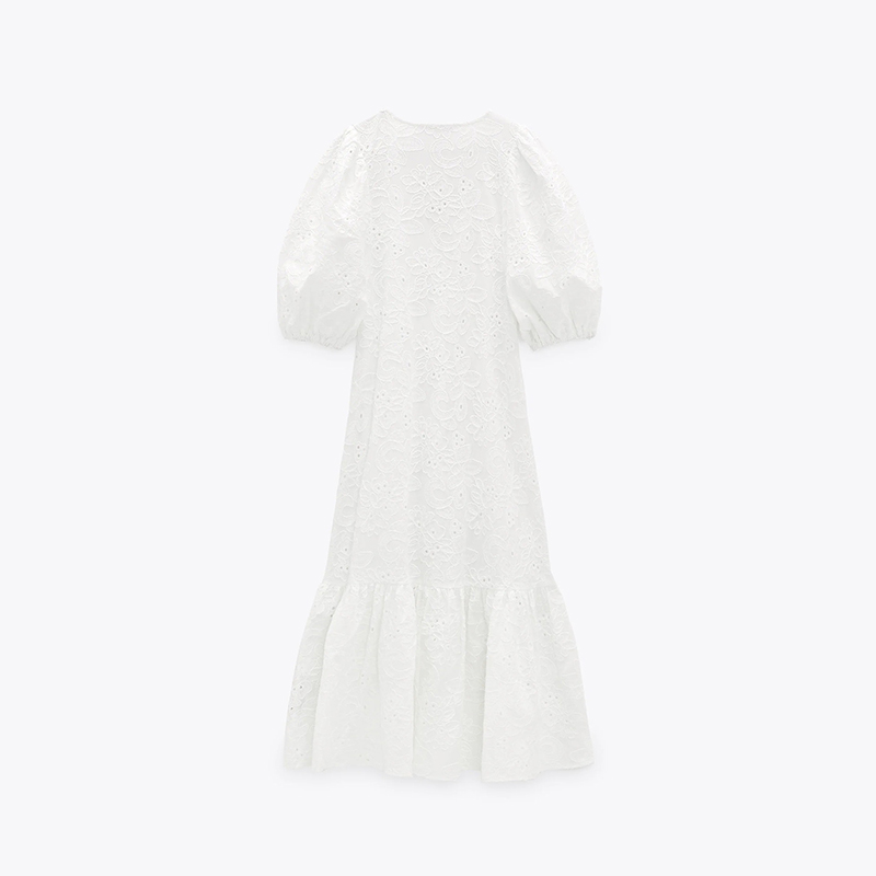 Women White Long Dress Casual V-neck Lantern Sleeve Hook Flower Hollow Ruffles A-line Beach Dress Elegant Party Dress Summer alx