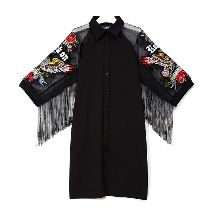 New Woman Plus Size Black Casual Shirt Dress 3/4 Mesh Sleeves Eagle Embroidery Fringe Ladies Midi Straight Party Dress Robe 3398 alx