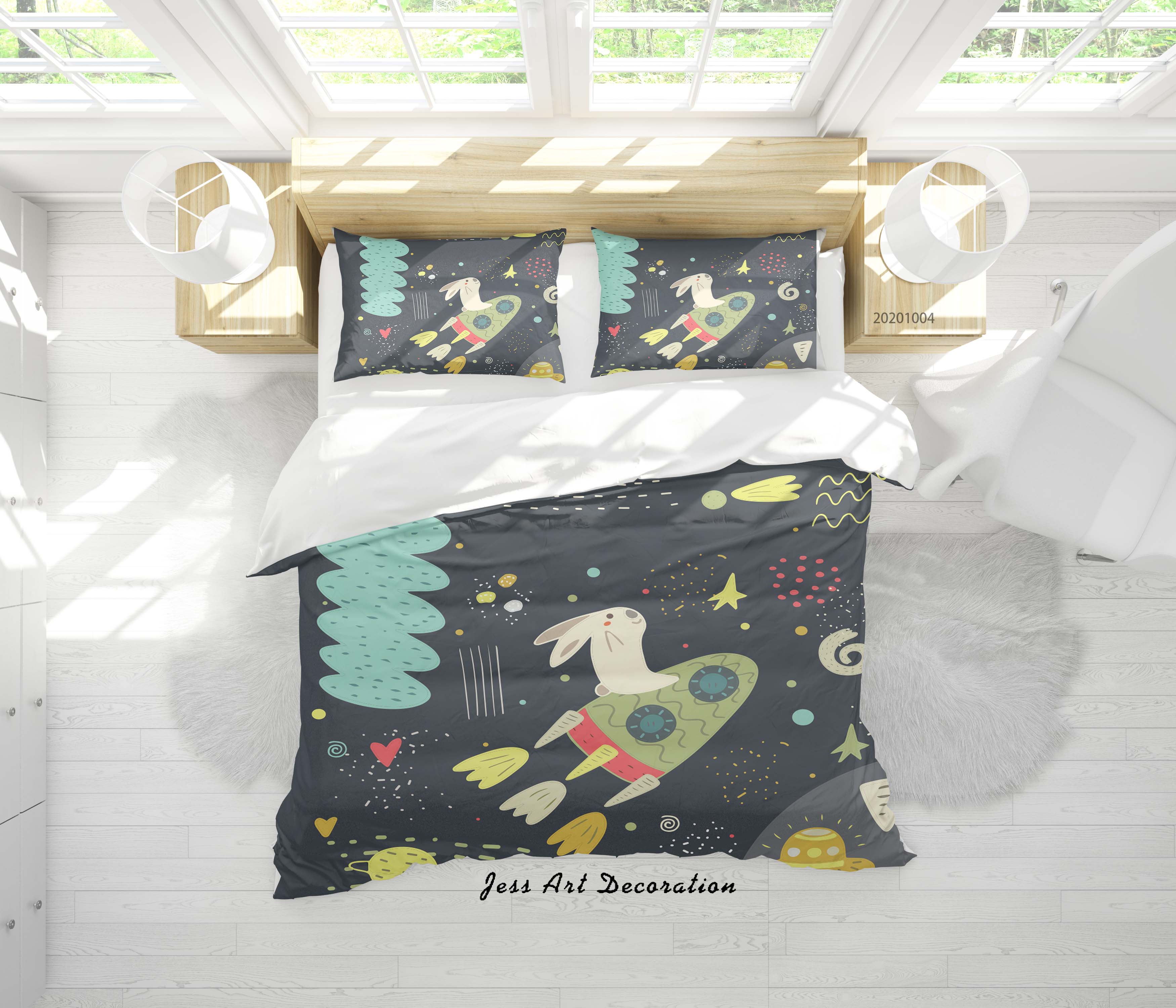 3D Planet Star Spaceship Astronaut Rabbit Quilt Cover Set Bedding Set Duvet Cover Pillowcases Wj 9274