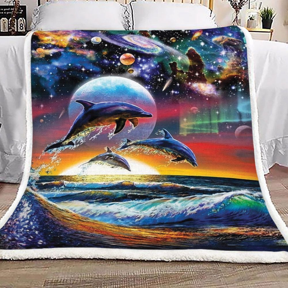 Dolphins And Galaxy Fleece Blanket All Over Prints