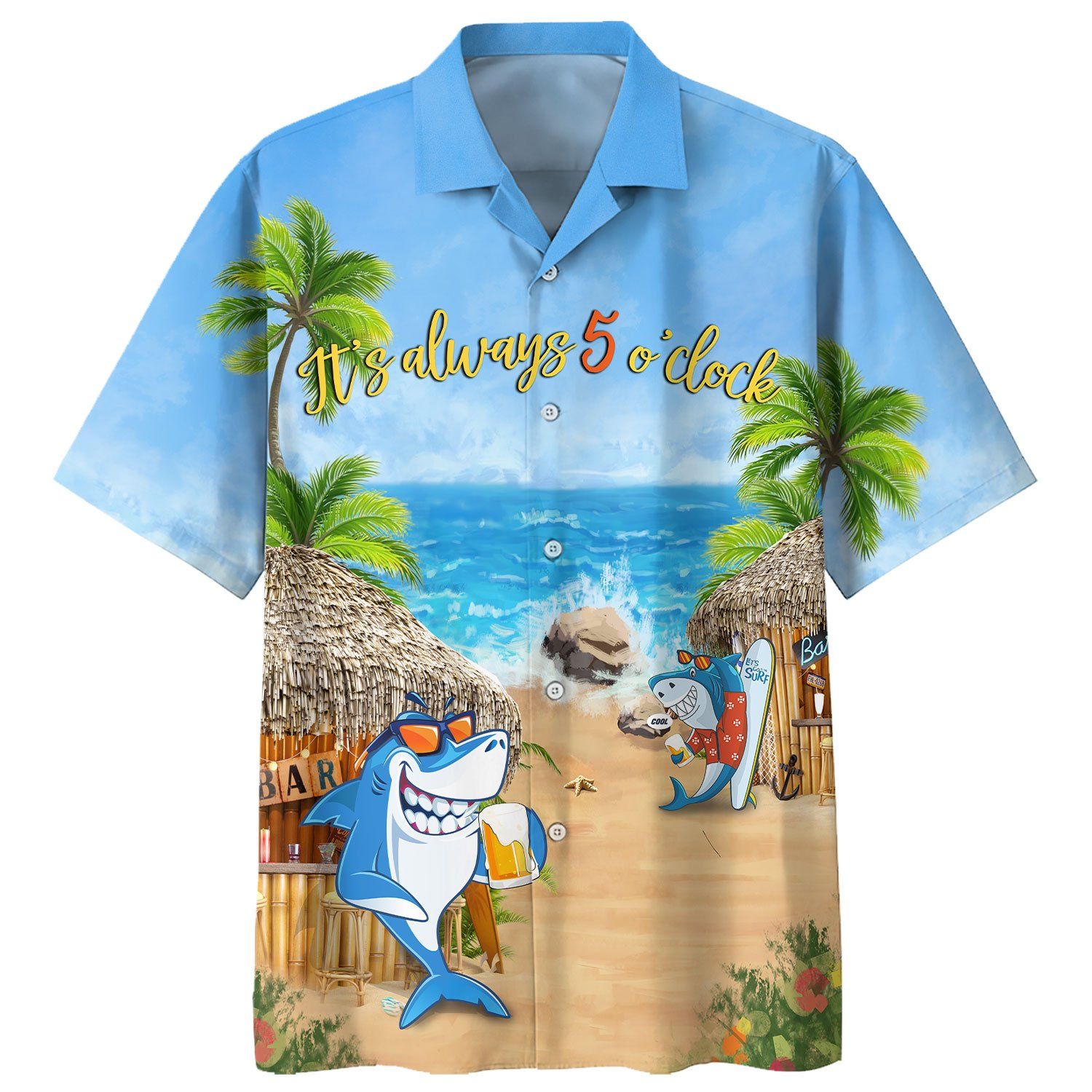 Shark Beer Bar On The Beach Its Always 5 O Clock For Man And Woman Print Short Sleeve Hawaiian Shirt Y97