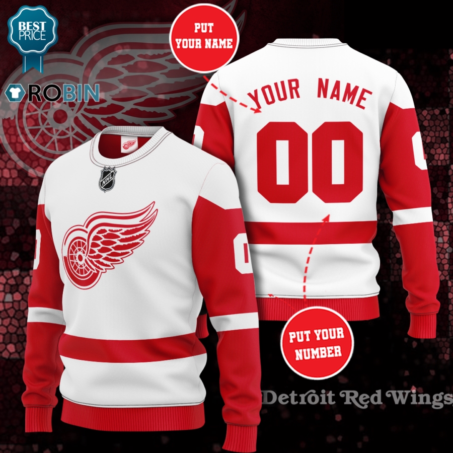 Detroit Red Wings Custom Name Number White Gift For Fan Ugly Wool Sweater Christmas