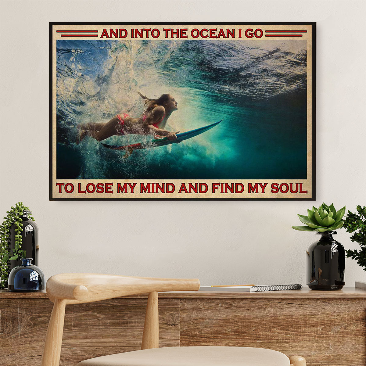 Water Surfing Canvas Wall Art Prints | Girl Into The Ocean | Home Décor Gift For Beach Surfer