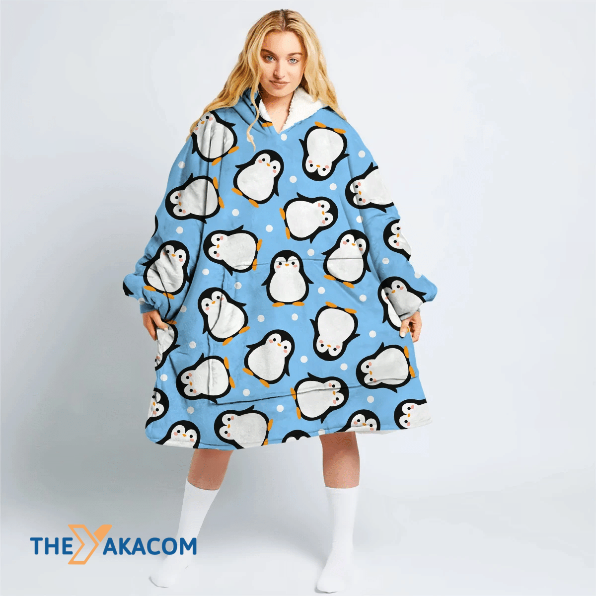 Christmas Winter With Cartoon Penguin On Blue Hoodie Blanket